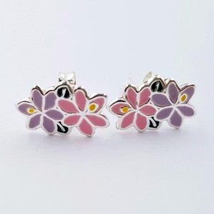 Pink Purple Jasmine Flower Stud Earrings - Sterling Silver Enamel Preloved